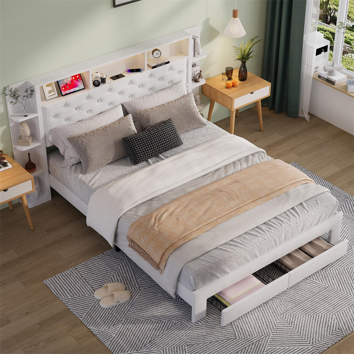 POLSTERBETT 140 x 200 cm mit USB-Anschluss & Steckdose - offene Regalfächer mit LED-Beleuchtung und Schubladen - Weiß - Weiß, Textil (140/200cm) - DELFA