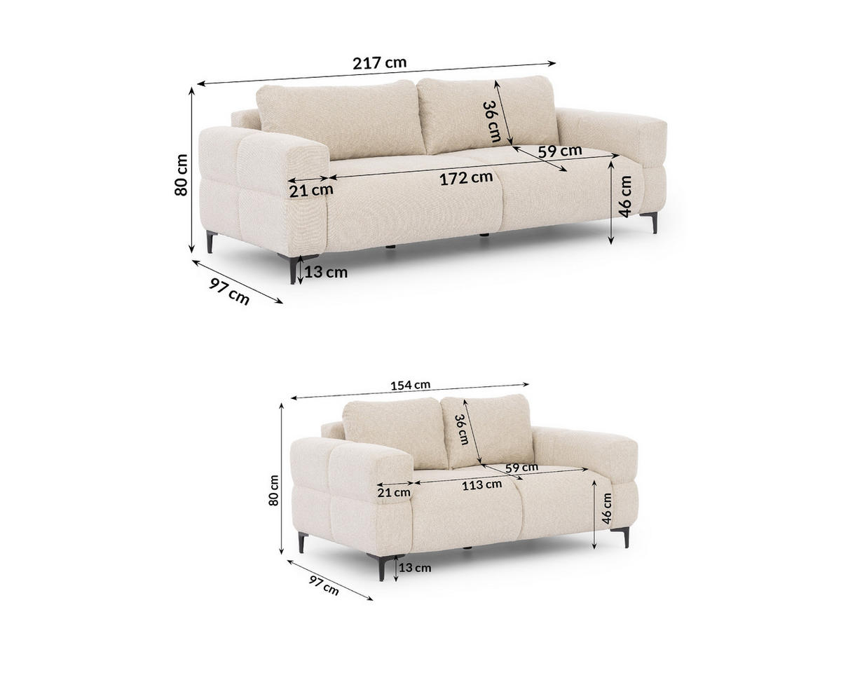 SITZGARNITUR 3+2 Cardea in Bubble-Optik aus weichem Hellbeige Strukturstoff mit hohem Sitzkomfort - Beige/Schwarz, Holz/Textil (217/80/97cm) - S-Style Möbel