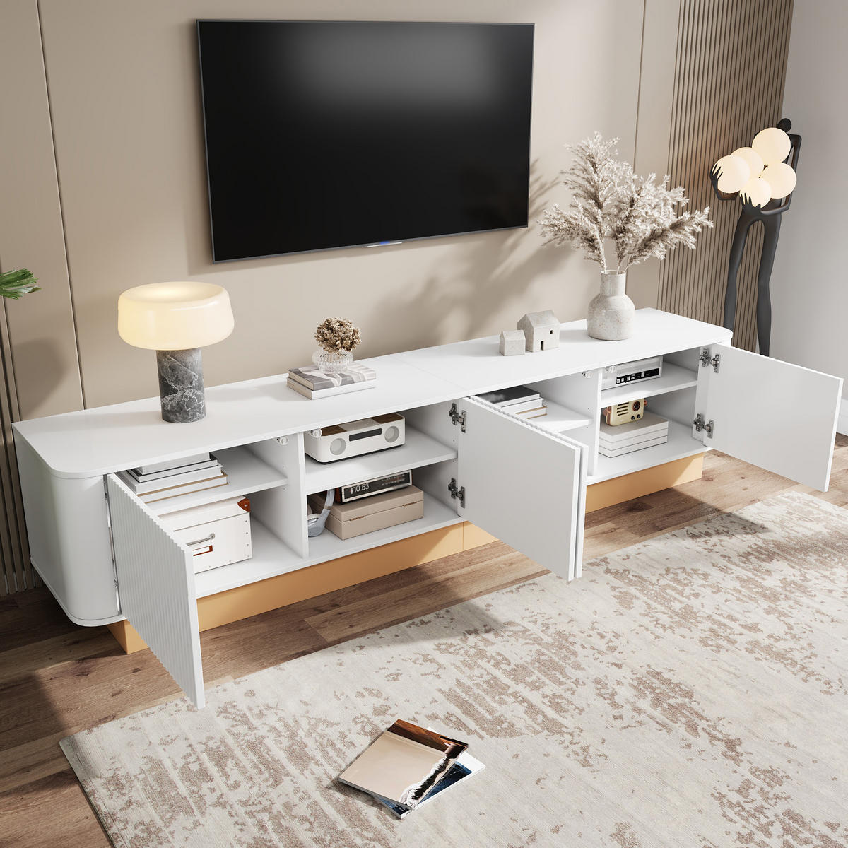 TV-LOWBOARD 200 cm geriffelt 4 Türen - Weiß, Holz (200/47.5/40cm) - LEBENLANG