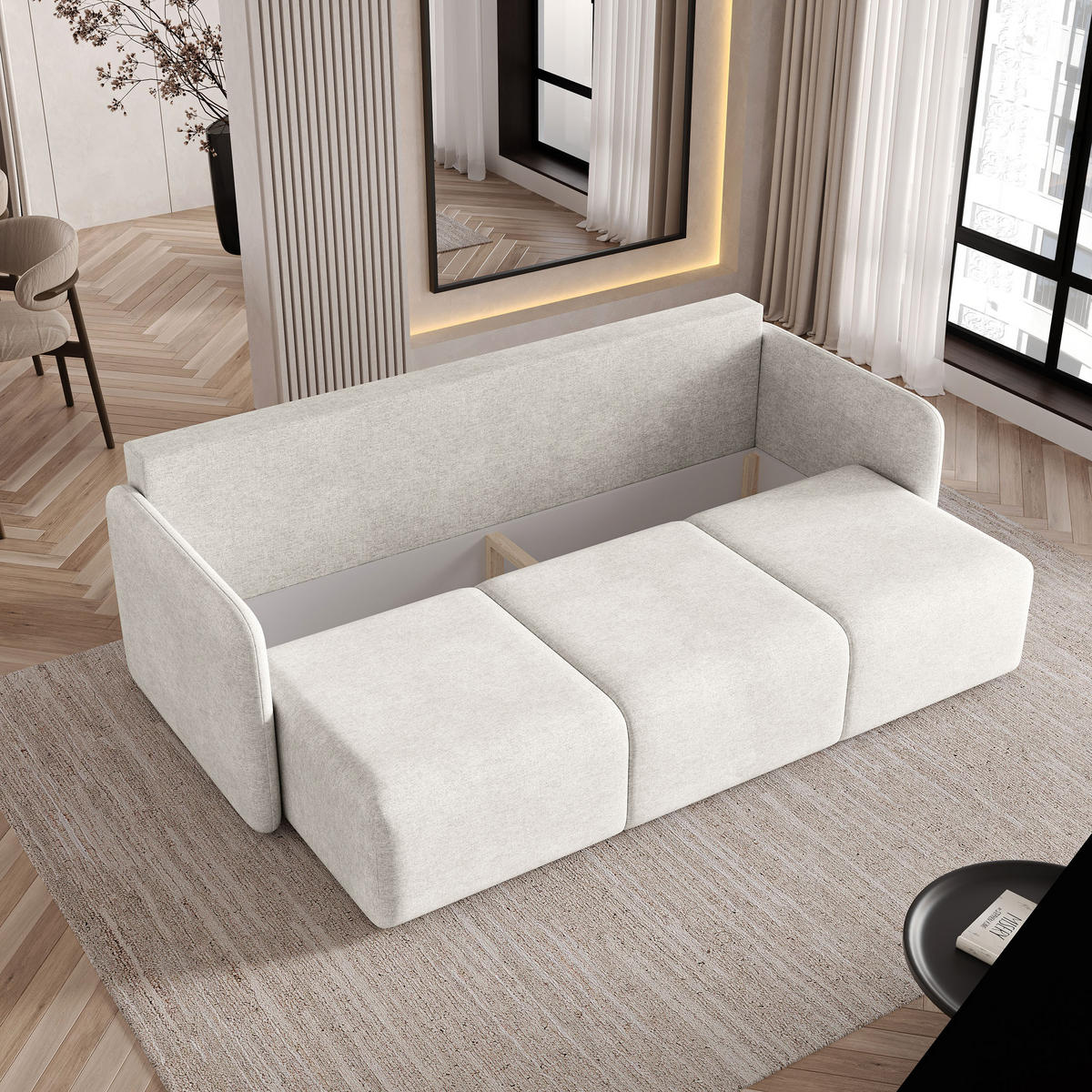 BETTSOFA SUVI III NV Creme Geflochtener Stoff mit Schlaffunktion - Creme, Textil (90/85/220cm) - MASSENO