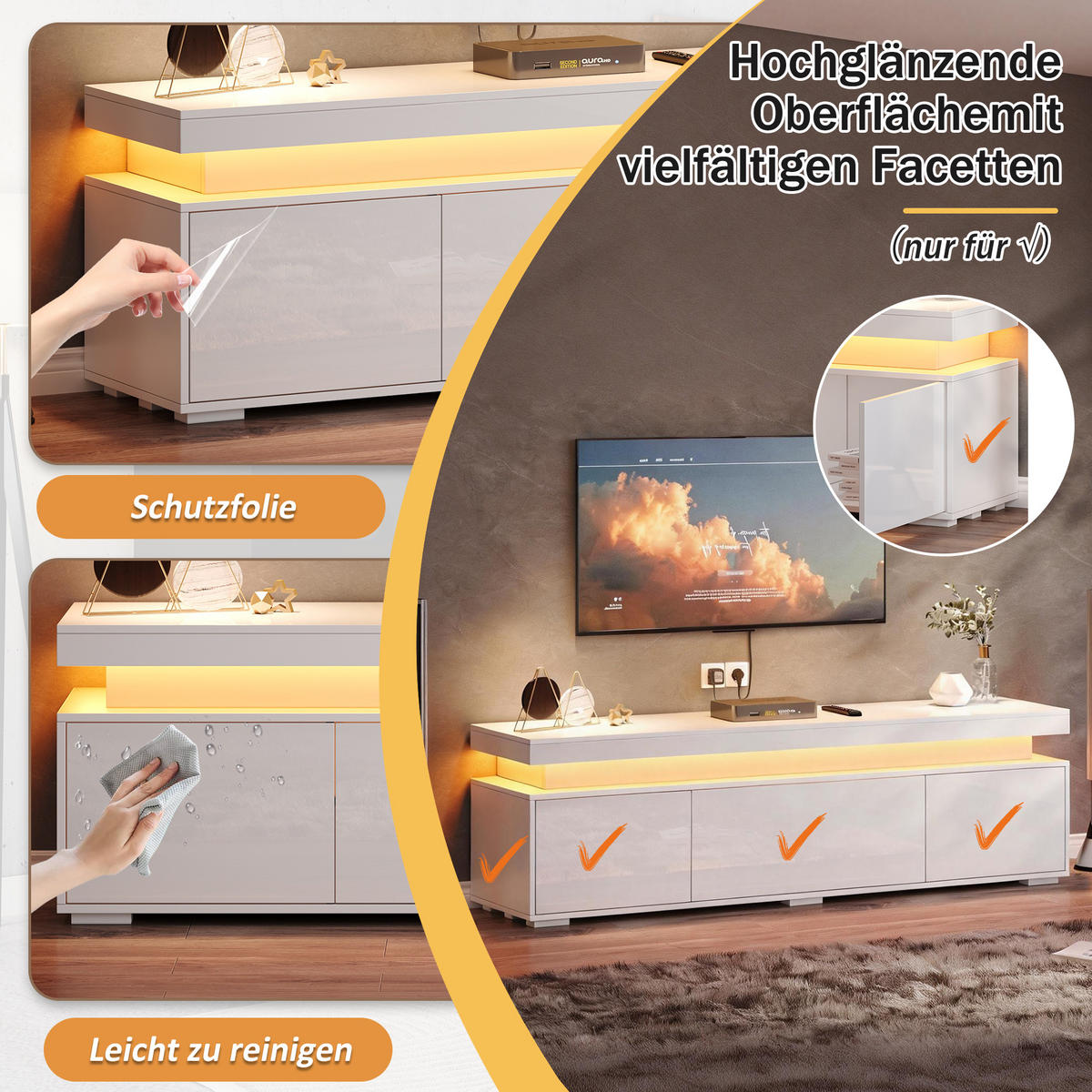 TV-LOWBOARD 150x35x43 cm Weiß LED 3 Türen Stauraum Spanplatte - Weiß, Holzwerkstoff (35/43/150cm) - FLIEKS