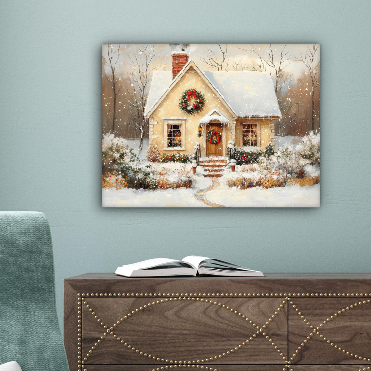 LEINWANDBILD Weihnachten - Zuhause - Winter - Schnee 40x30 cm - Creme, Textil (40/30cm) - MuchoWow