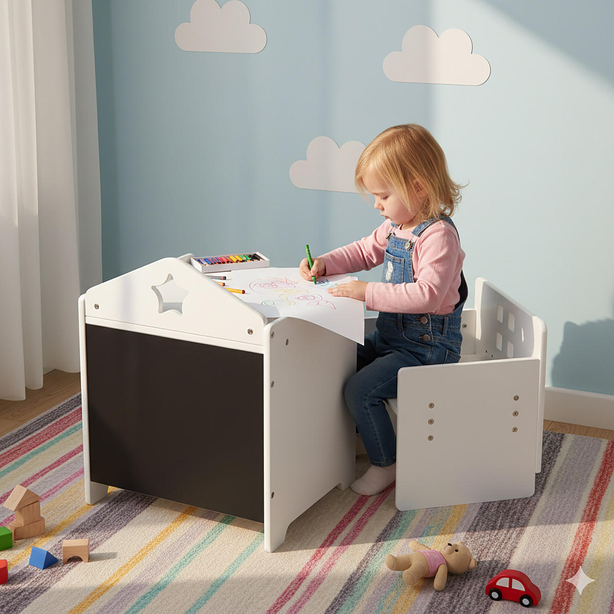 KINDERSITZGRUPPE Weiß 2-tlg.-Set MDF Kreidetafel - Weiß, Holzwerkstoff (38/48.5/30cm) - Relaxdays