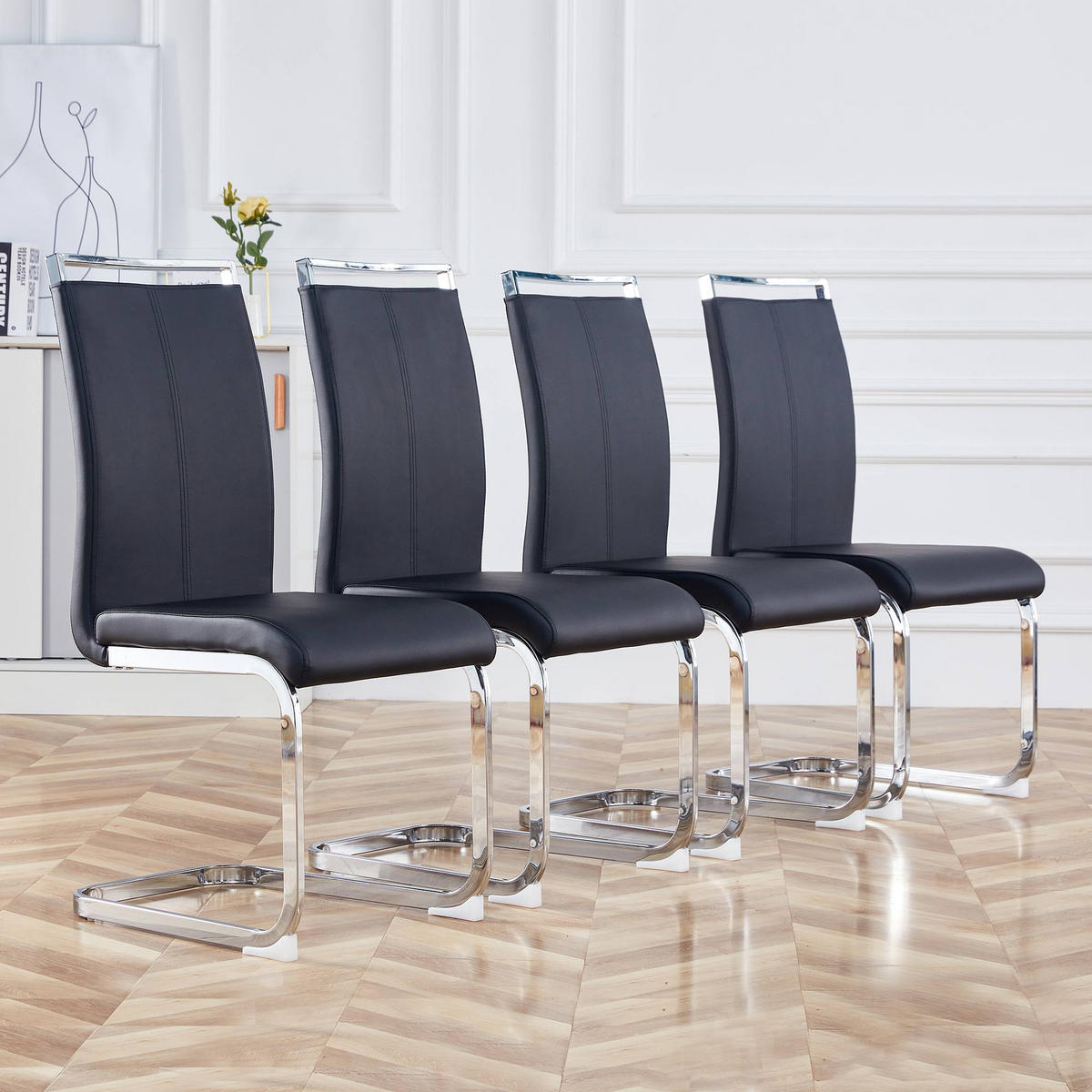 FREISCHWINGER 4er Set Kunstleder Schwarz Metallgestell 120kg - Schwarz, Leder (42/100/54cm) - FLIEKS