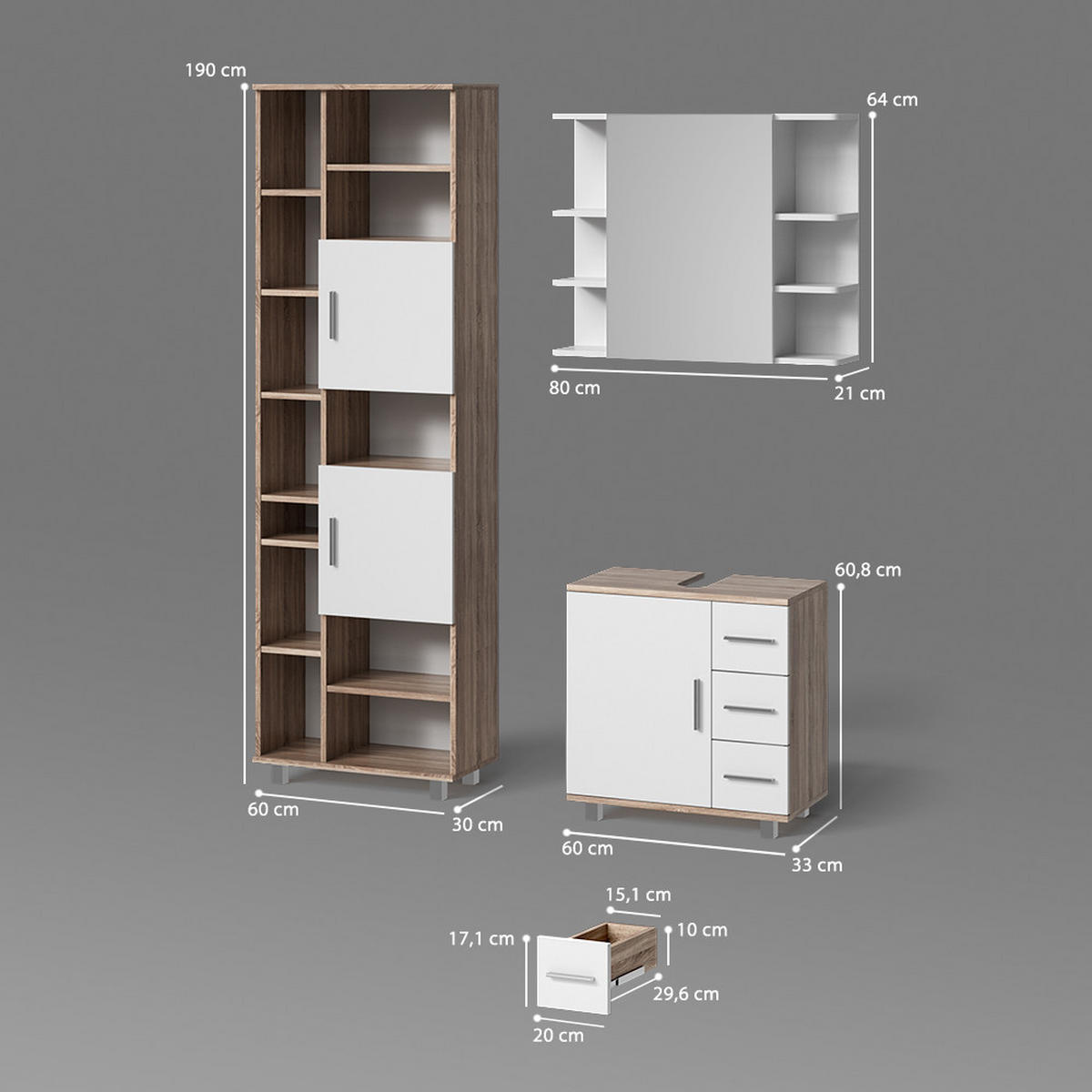 BADMÖBEL-SET Eisak Sonoma 3 Teile, mit Hochschrank - Weiß/Sonoma Eiche, Holzwerkstoff (60/60/33cm) - Livinity®