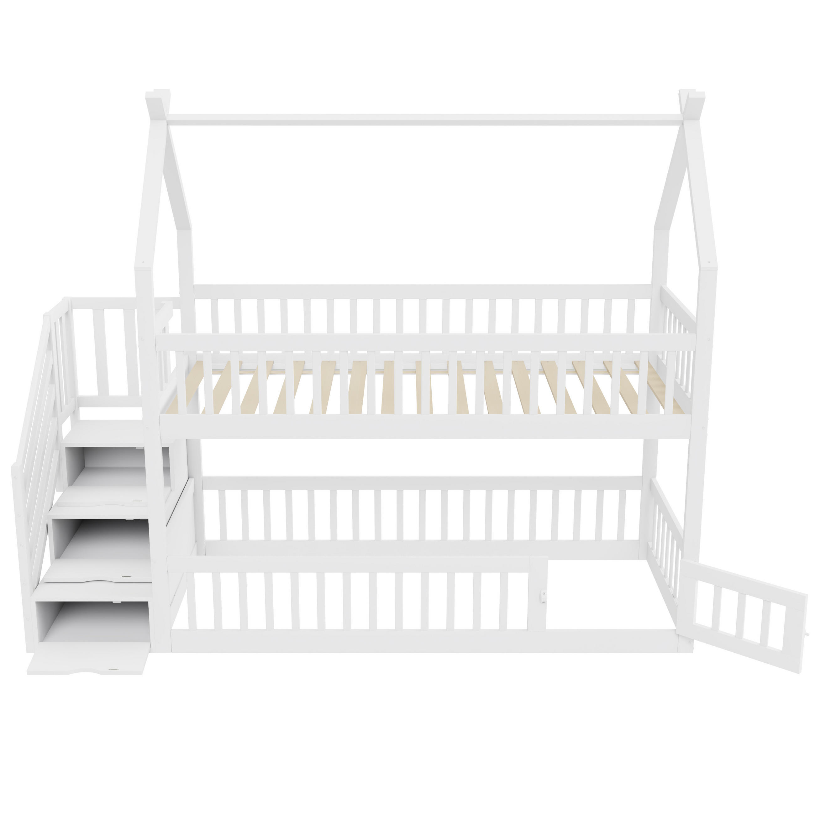 ETAGENBETT 90/200 cm Weiß mit Dach, Sicherheitstreppe und Stauraumschubladen - Weiß, Holz (90/200cm) - Oxeza