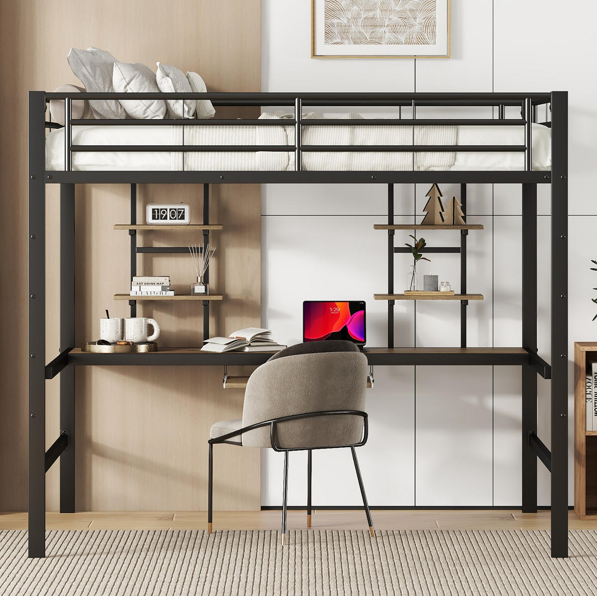 HOCHBETT 140/200 cm Schwarz aus Metall mit Schreibtisch und 2 Regalen - Schwarz, Metall (140/200cm) - OKMYHOME