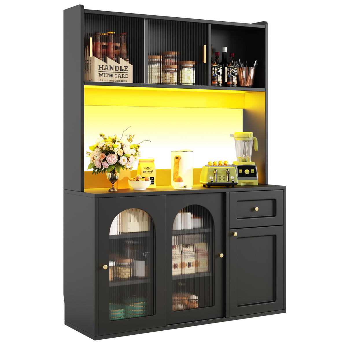 HIGHBOARD schwarz aus MDF/Spanplatte mit Glastüren und LED-App-Steuerung, 120/35/167 cm, Schwarz - Schwarz, Holzwerkstoff (120/167/35cm) - Redom