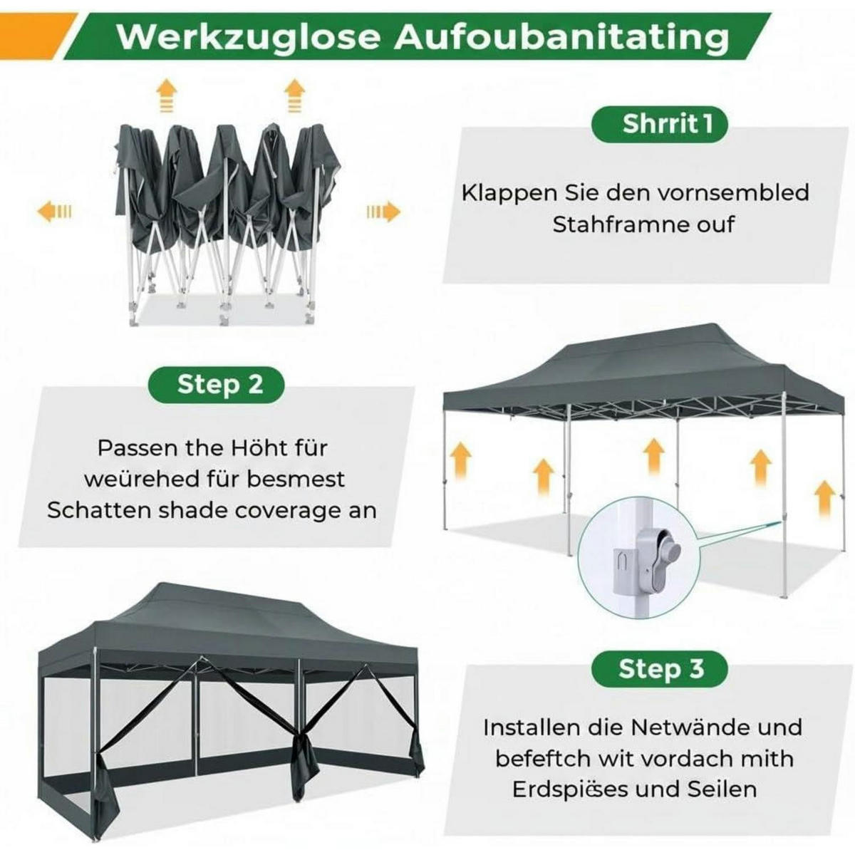 FALTPAVILLON 3x6m Grau Wasserdicht mit 6 Seitenwänden - Grau, Textil (300/335/600cm)