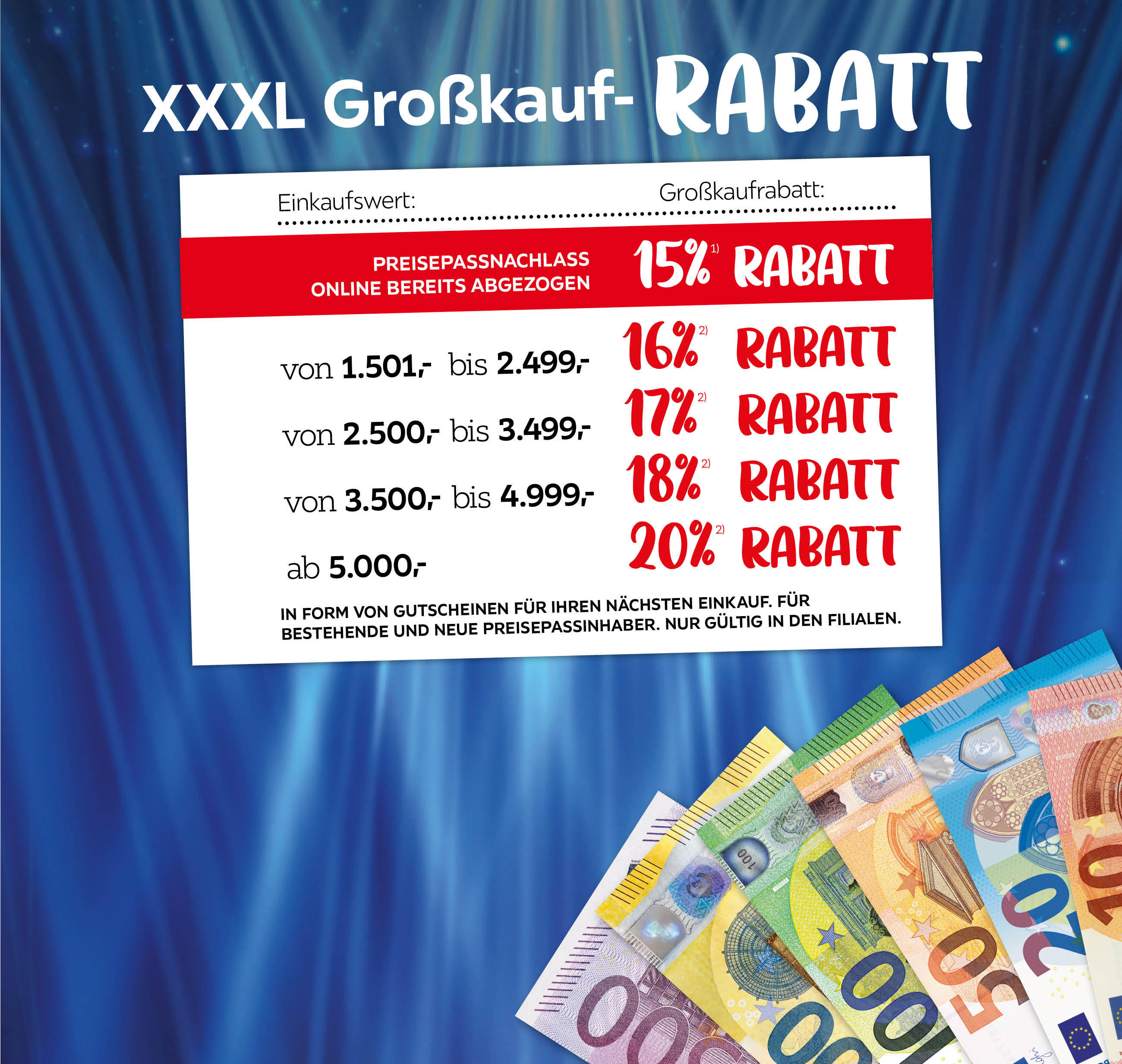 XXXL Großkaufrabatt; Preisnachlass online bereits für Sie abgezogen; In Form von Gutscheinen für Ihren nächsten Einkauf. Für bestehende und neue Preisepassinhaber. Gültig nur in den Filialen