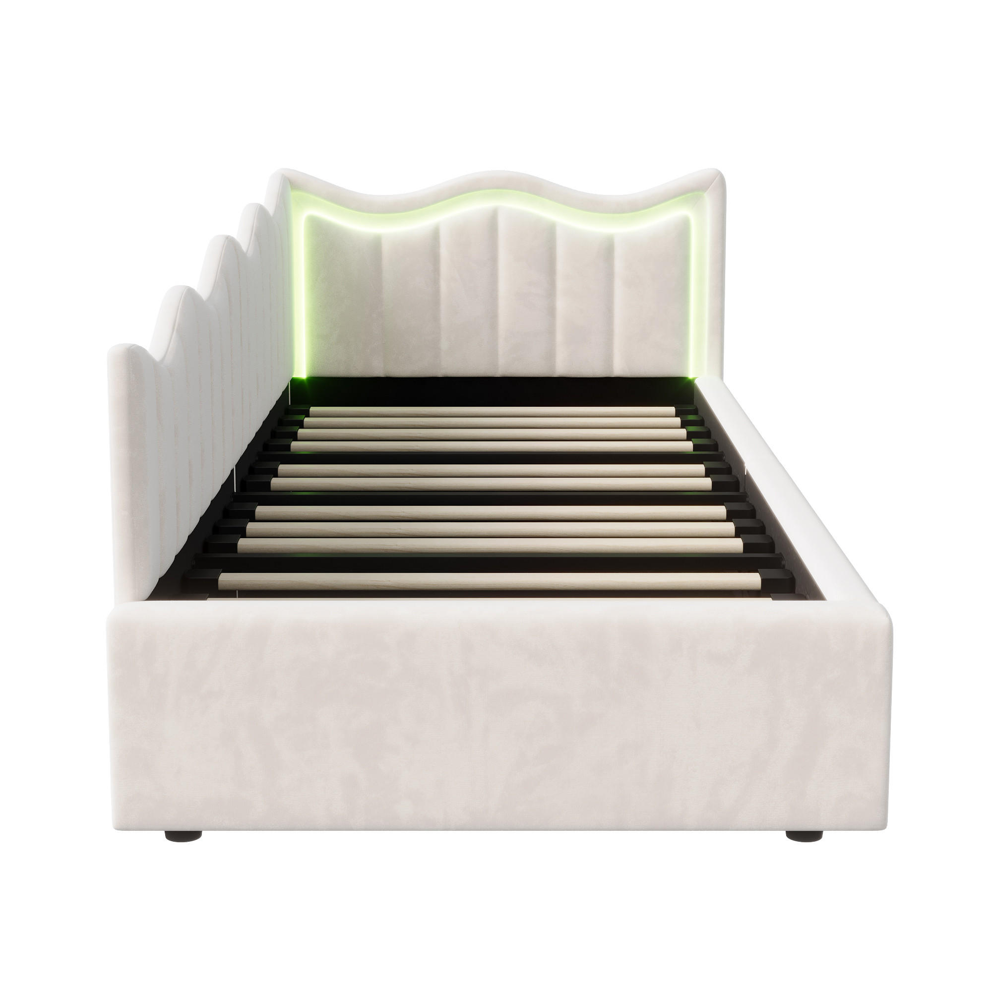 KINDERBETT/SCHLAFSOFA 90×200 cm Samt Weiß – Bett mit LED-Beleuchtung - Beige, Holz