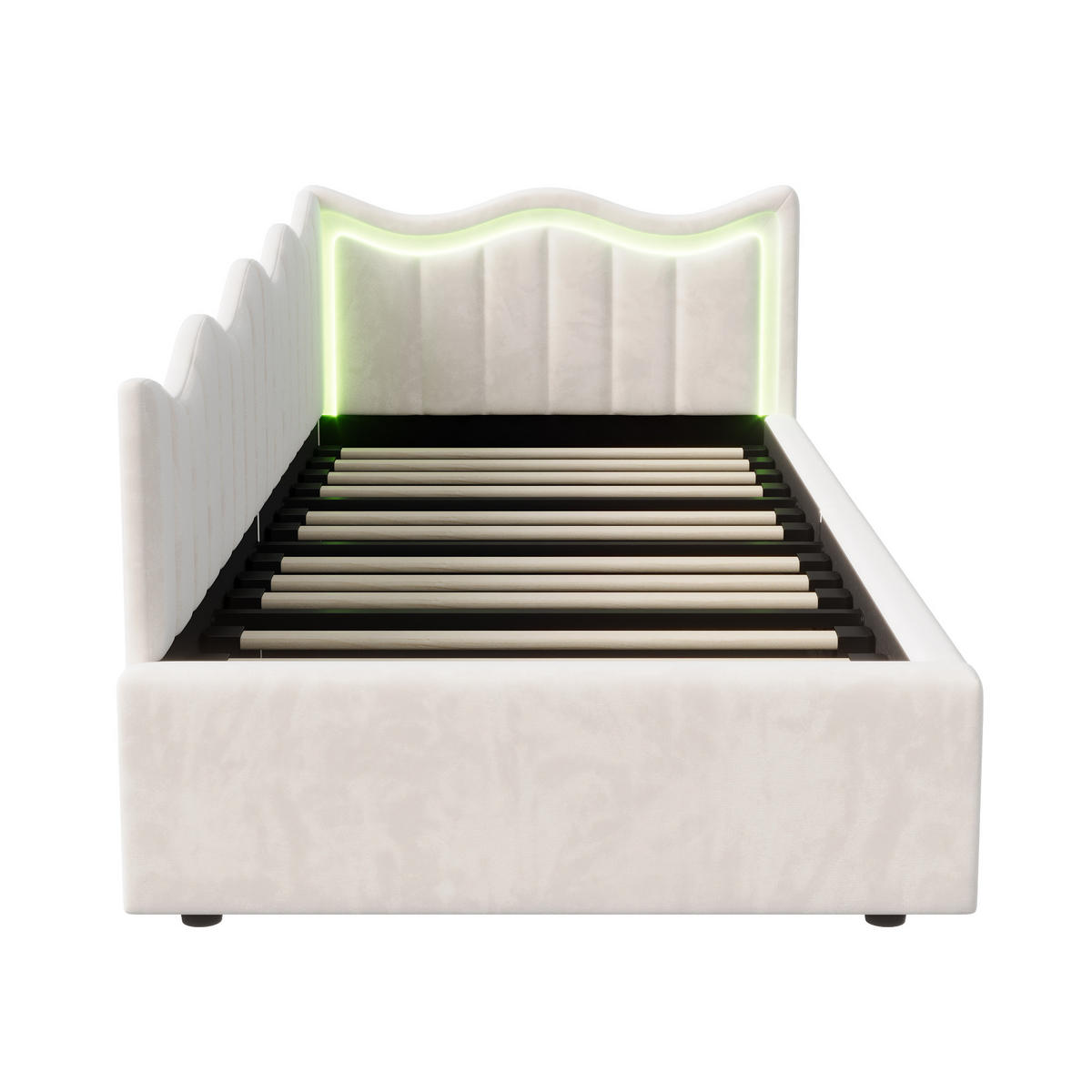 KINDERBETT/SCHLAFSOFA 90×200 cm Samt Weiß – Bett mit LED-Beleuchtung - Beige, Holz