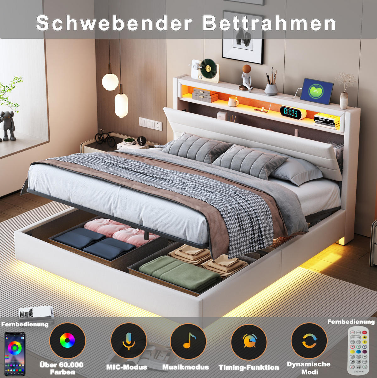 BETT mit Stauraum und LED 160x200 cm Beige - Beige, Metall (160/200cm) - Meubliv