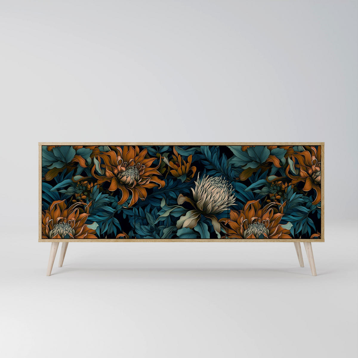 SIDEBOARD MORNING BLOOM, Eicheneffekt, 164,5x42x77,5 cm, 3 Türen - Eichefarben/Buchefarben, Holzwerkstoff/Buchenholz (164.5/77.5/42cm) - SpaceRebels