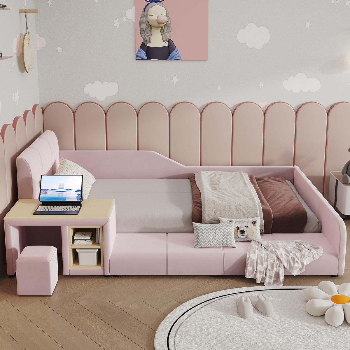 KINDERBETT 90/200 mit Schreibtisch, Hocker und Ablageboden in Pink - Rosa, Holzwerkstoff/Textil (90/200cm) - EVRYAE
