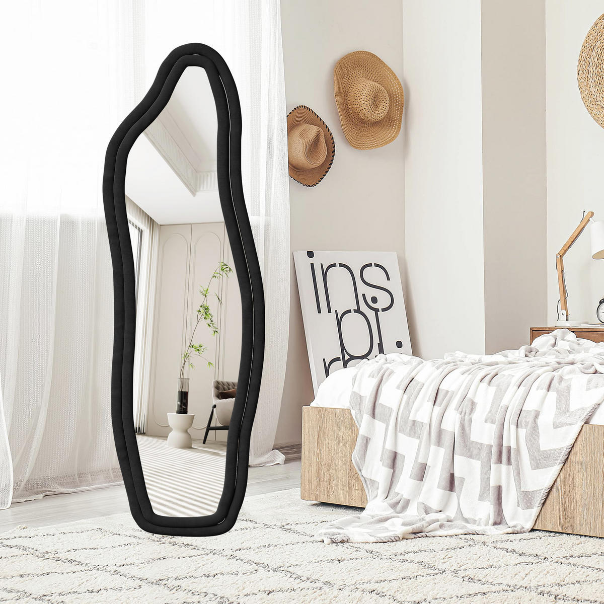 STANDSPIEGEL 160 x 50 cm, Spiegel in Delfinform, Wandspiegel,Samtrahmen, schwarz - Schwarz, Glas/Textil (50/160/3cm) - WoodenAura