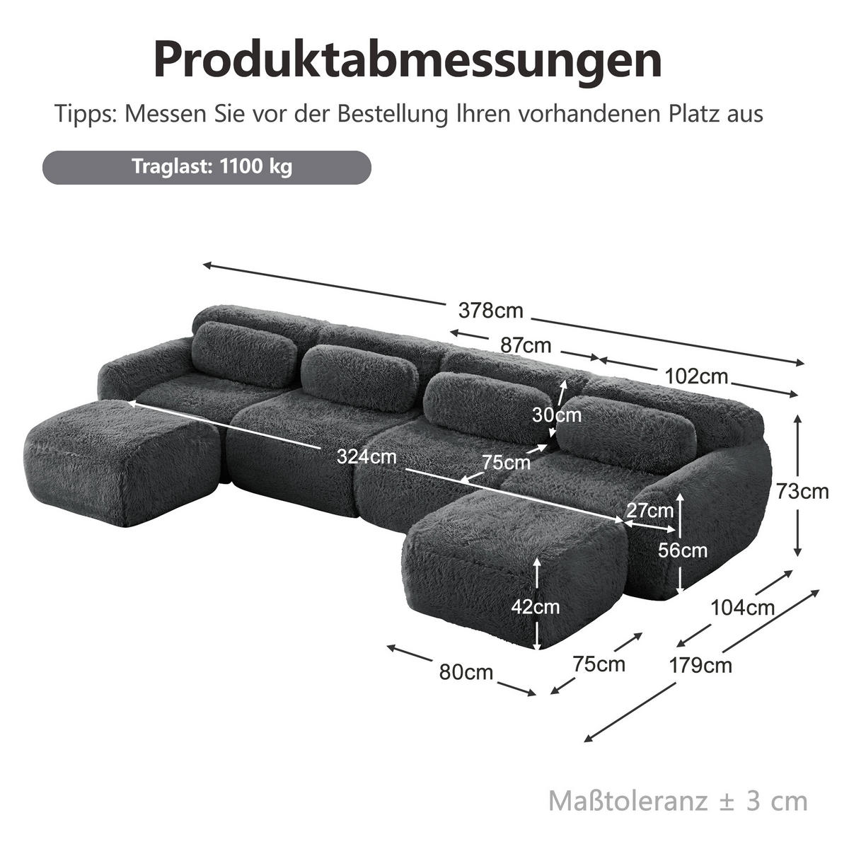 WOHNLANDSCHAFT DE-34149 modular mit Kissen Grau - Grau, Textil (179/73/378cm) - ComfortXL