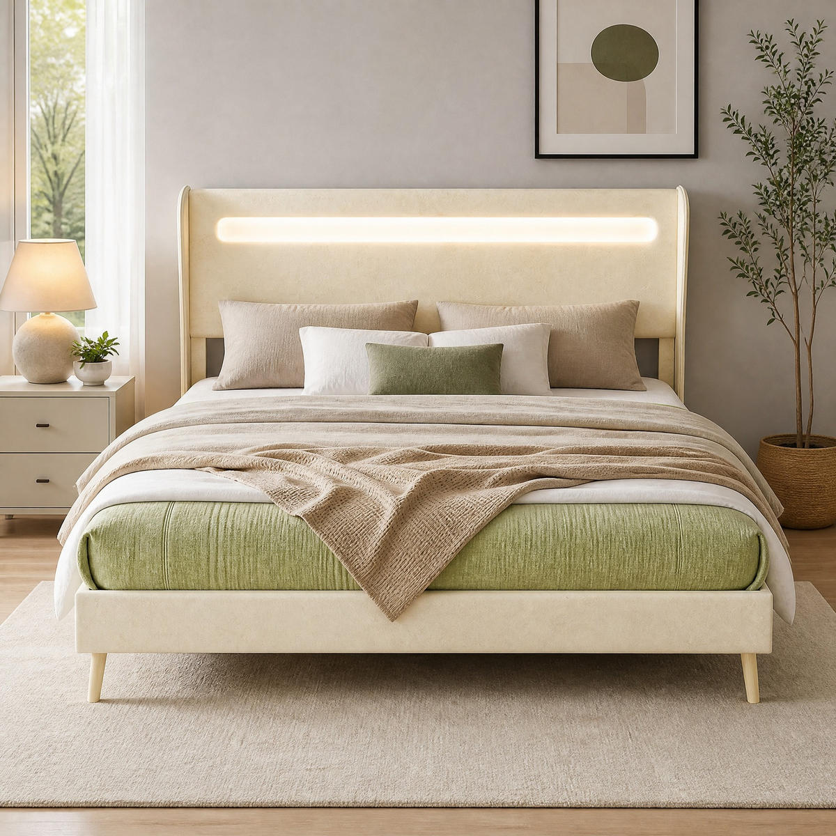POLSTERBETT 160/200 mit LED, verstellbarem Kopfteil und niedriger Konstruktion in Beige - Beige, Holzwerkstoff/Textil (160/200cm) - EVRYAE