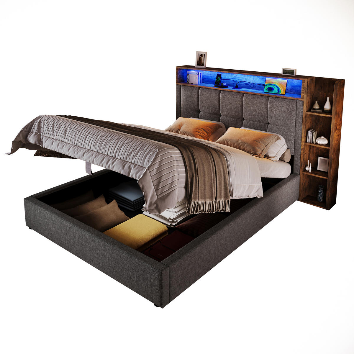 POLSTERBETT 90/200 cm Grau mit LED-Beleuchtung und USB- und Type-C-Anschlüssen - Grau, Textil (90/200cm) - OKWISH