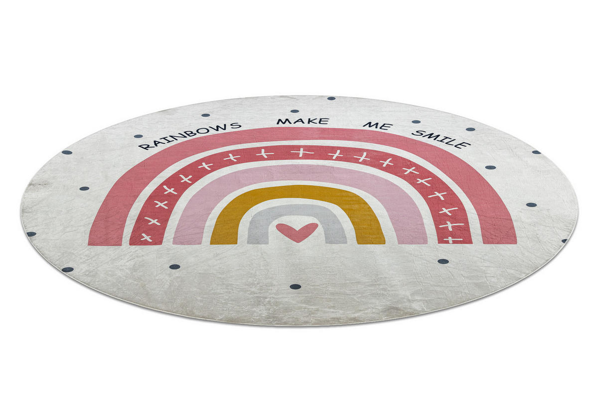BAMBINO 47810 umývací kulatý koberec Dúha, bodky pre deti protišmykový - biely / ružová 80 cm - biela, textil (80/80cm) - rugsX