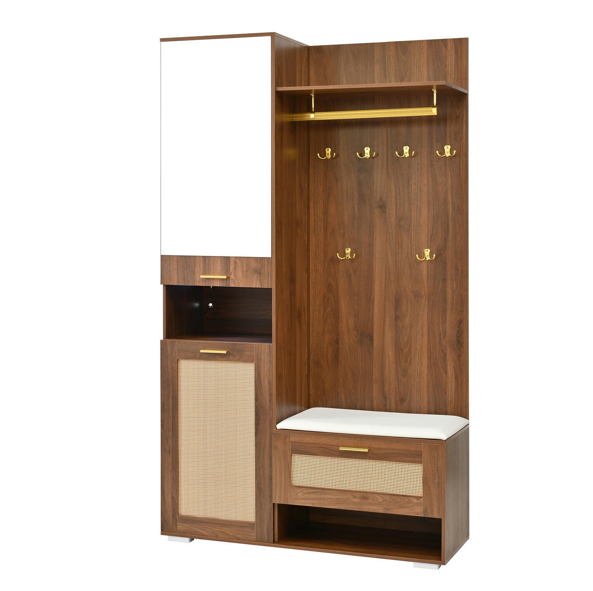 OMARA za oblačila 110/38/190 cm z ogledalom, 16-barvno LED osvetlitvijo in klopjo, MDF/iverna plošča, Orehova/bela - barva oreha, leseni material (38/190/110cm) - Redom