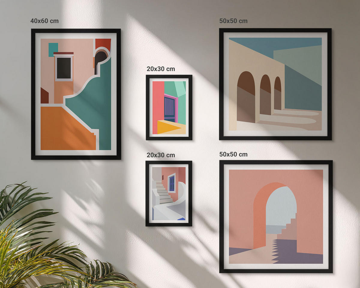 BILDER SET 5er Set - 50x50 cm & 20x30 cm & 40x60 cm Schwarzer Rahmen - Farbenfrohe moderne Gebäude - Schwarz, Kunststoff (40/60cm) - TULUP