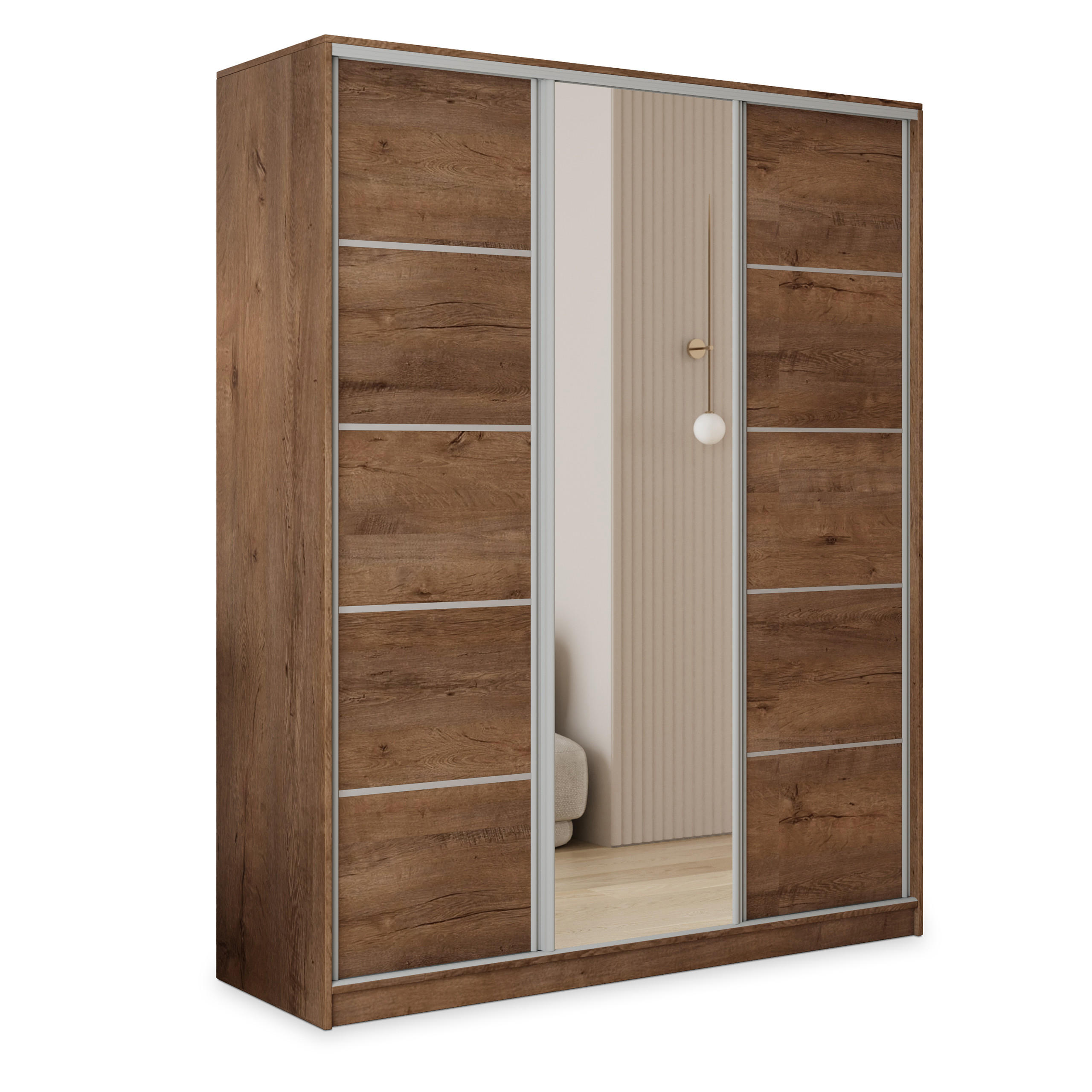 SCHWEBETÜRENSCHRANK PINA 160/205/58 cm 3-türig mit Spiegel und 4 Schubladen Eichefarben - Eichefarben, Holzwerkstoff (160/205/58cm) - MASSENO