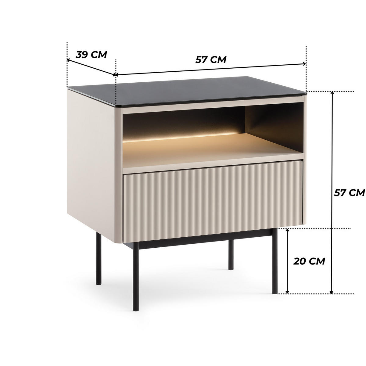 HIGHBOARD DIJON S57 57 cm (Kaschmir, Antisol-Glasplatte, LED) - Kaschmir/Schwarz, Glas/Holz (57/57/39cm) - Ravio