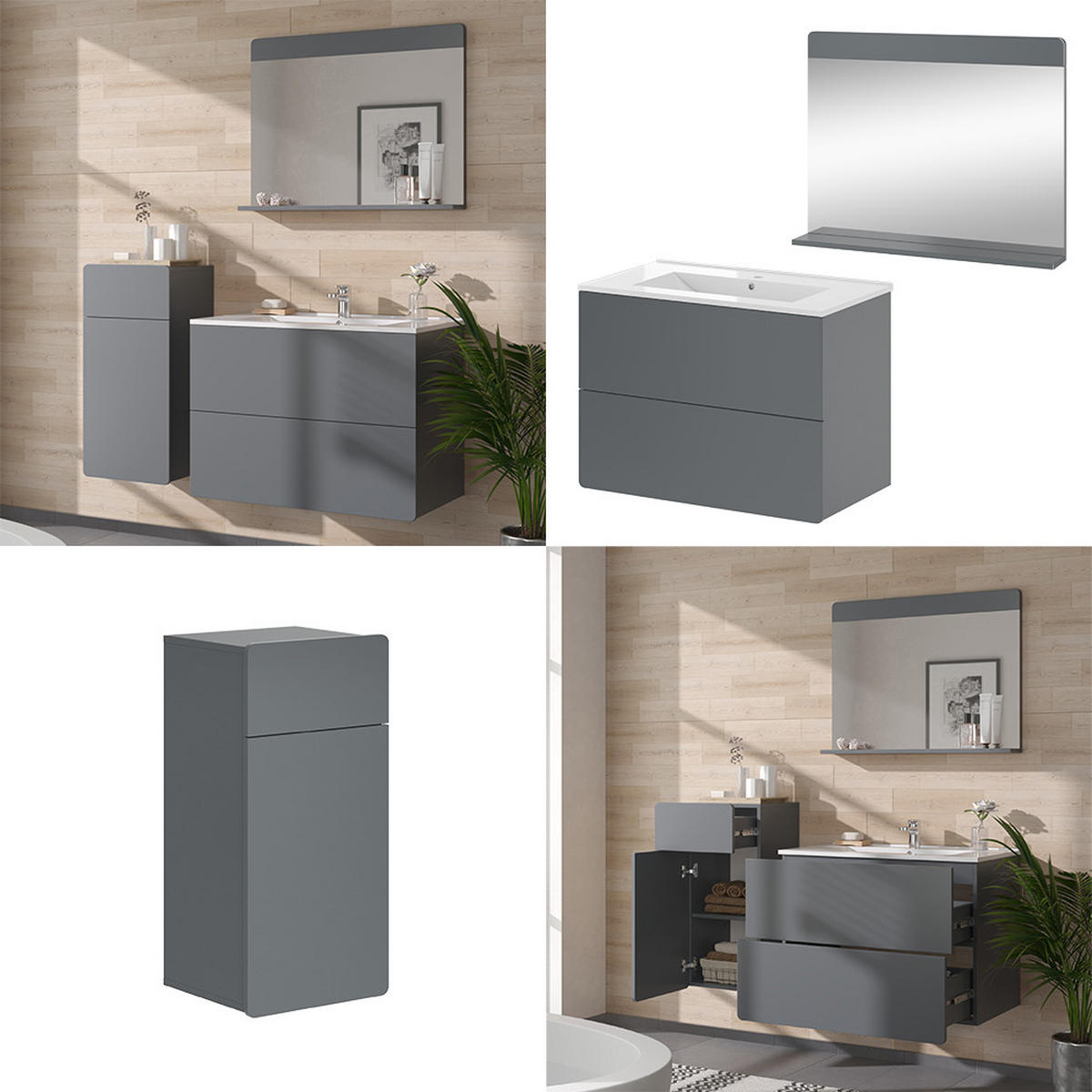BADMÖBEL-SET Izan Grau 4 Teile mit Midischrank - Grau, Holzwerkstoff (80/59.3/46cm) - Vicco