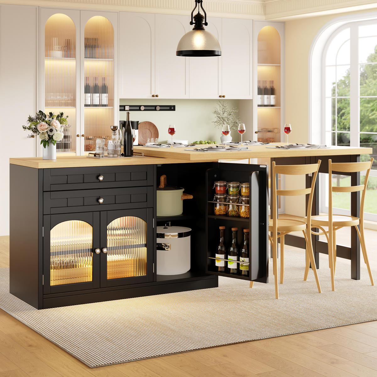 KÜCHENINSEL Ausziehbar 120 194cm 360° Drehbar Glastüren Schwarz - Schwarz, Metall (120/73.5/40cm) - FLIEKS