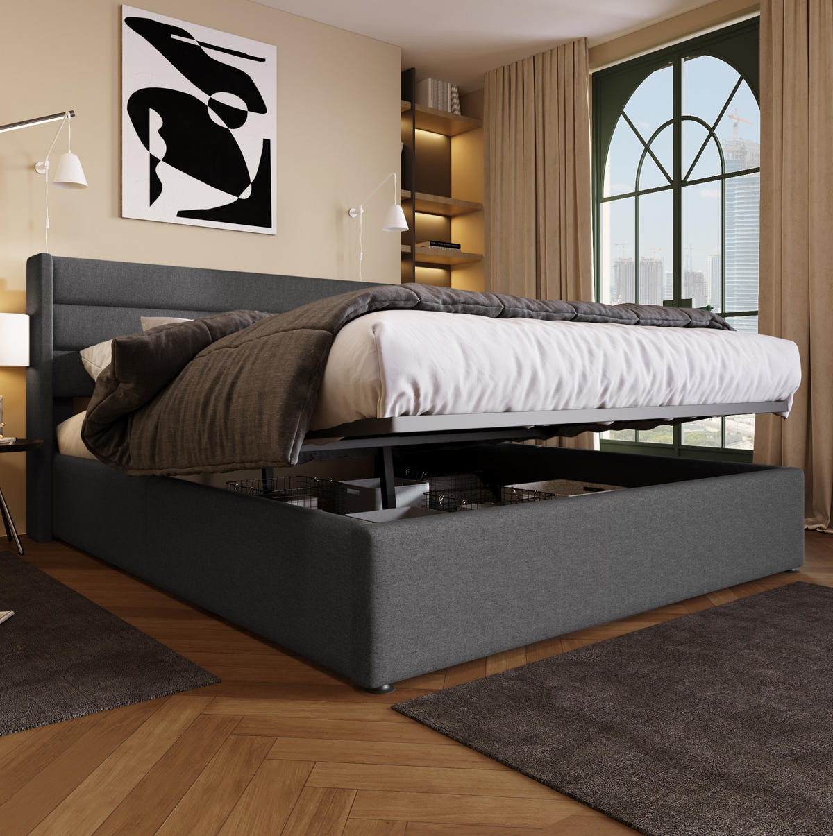 POLSTERBETT mit Bettkasten 180x200 cm Leinen Gray - Grau, Metall (180/200cm) - Meubliv