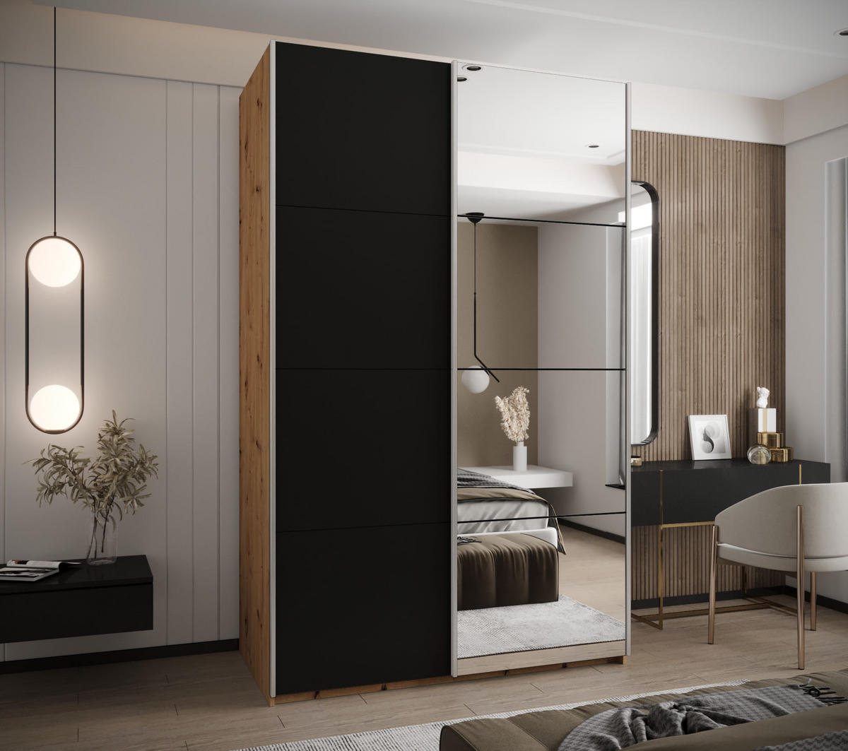 SCHWEBETÜRENSCHRANK 245,5/150/64 2-türig - Silberfarben/Schwarz, Holz/Metall (150/245/64cm) - Abiks Möbel