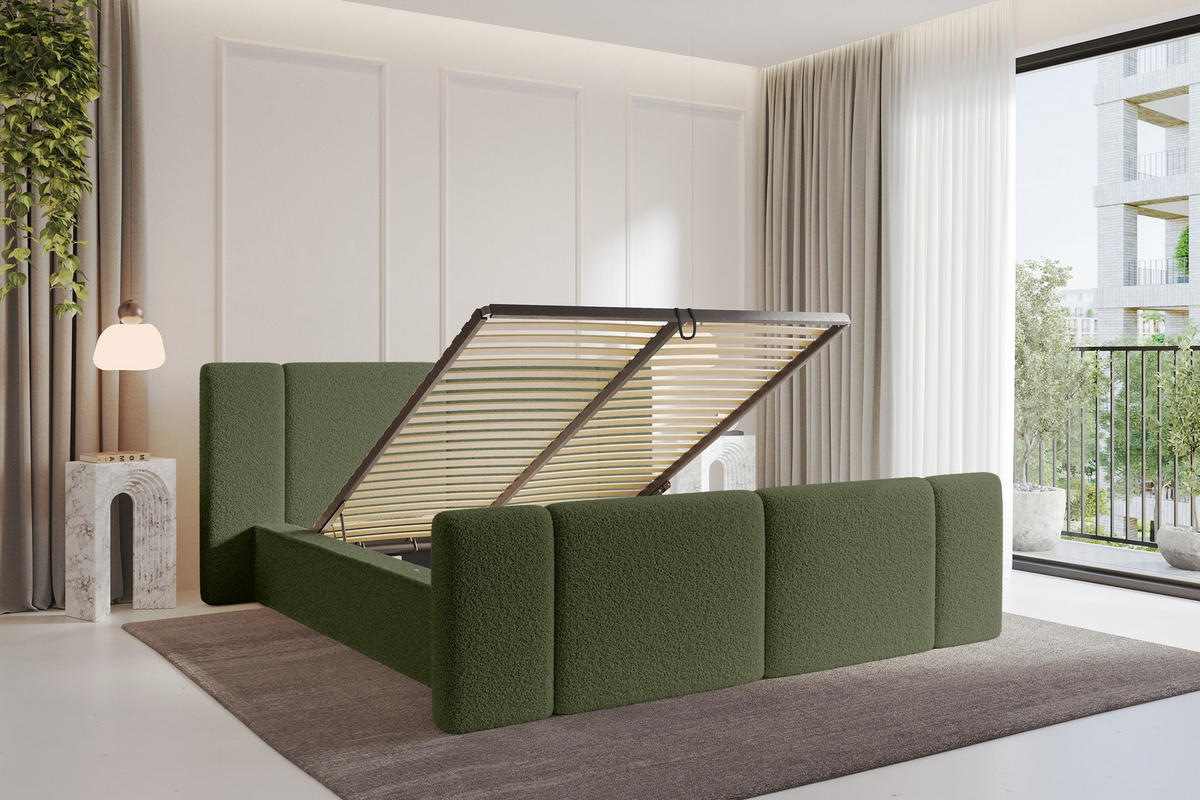 POLSTERBETT mit Bettkasten, Fußteil und Lattenrost, Bett mit Matratze H3/H4 - RIVO-Z 120x200 Grün - Olivgrün, Holzwerkstoff/Textil (120/200cm) - ALTDECOR
