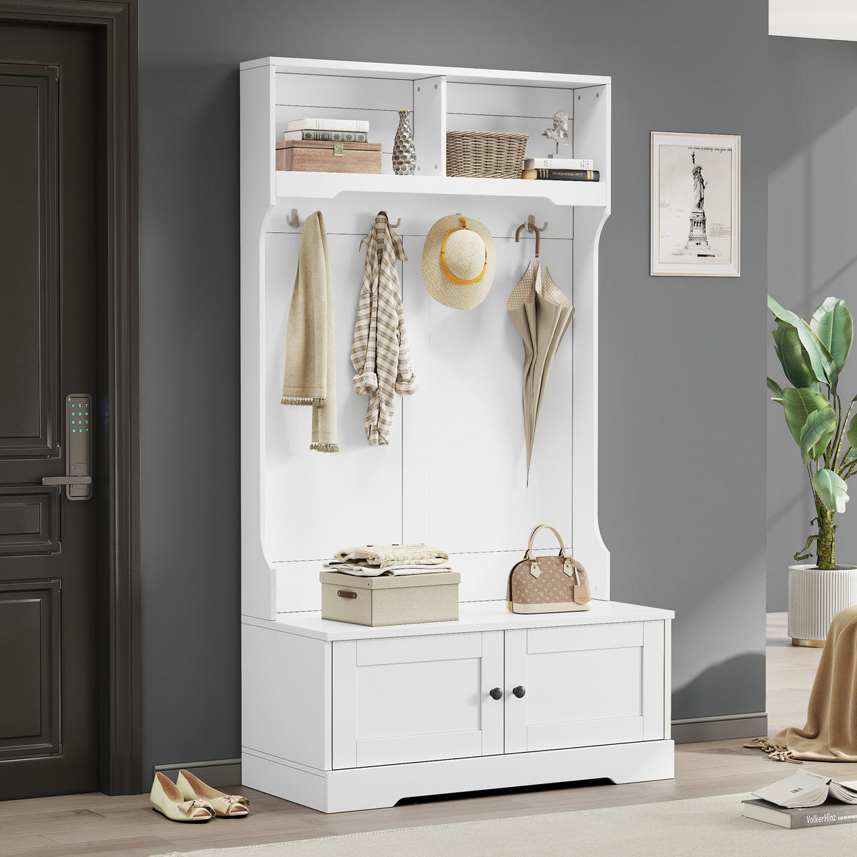 SCHUHSCHRANK aus Spanplatte 101,5x183cm in Weiß mit Sitzbank - Weiß, Holzwerkstoff (101.5/183/47cm) - Modfu