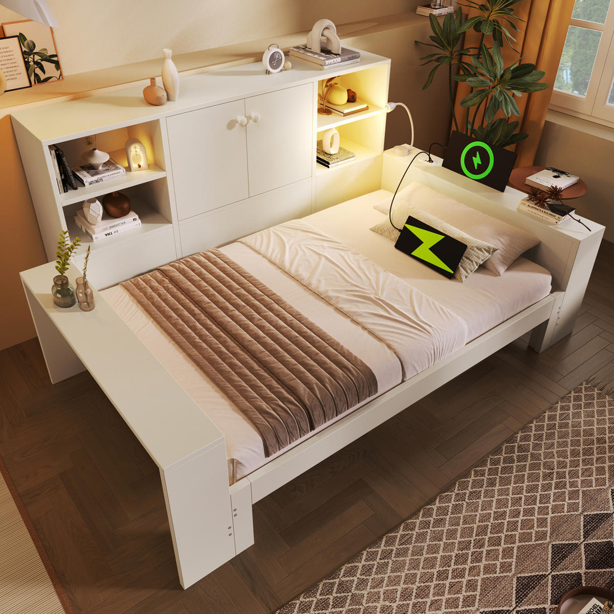 JUGENDBETT Tagesbett 90/200 cm aus MDF und Sperrholz mit Ausziehbett Stauraum und USB-Anschlüssen Weiß - Weiß, Holzwerkstoff (90/200cm) - Modenvie
