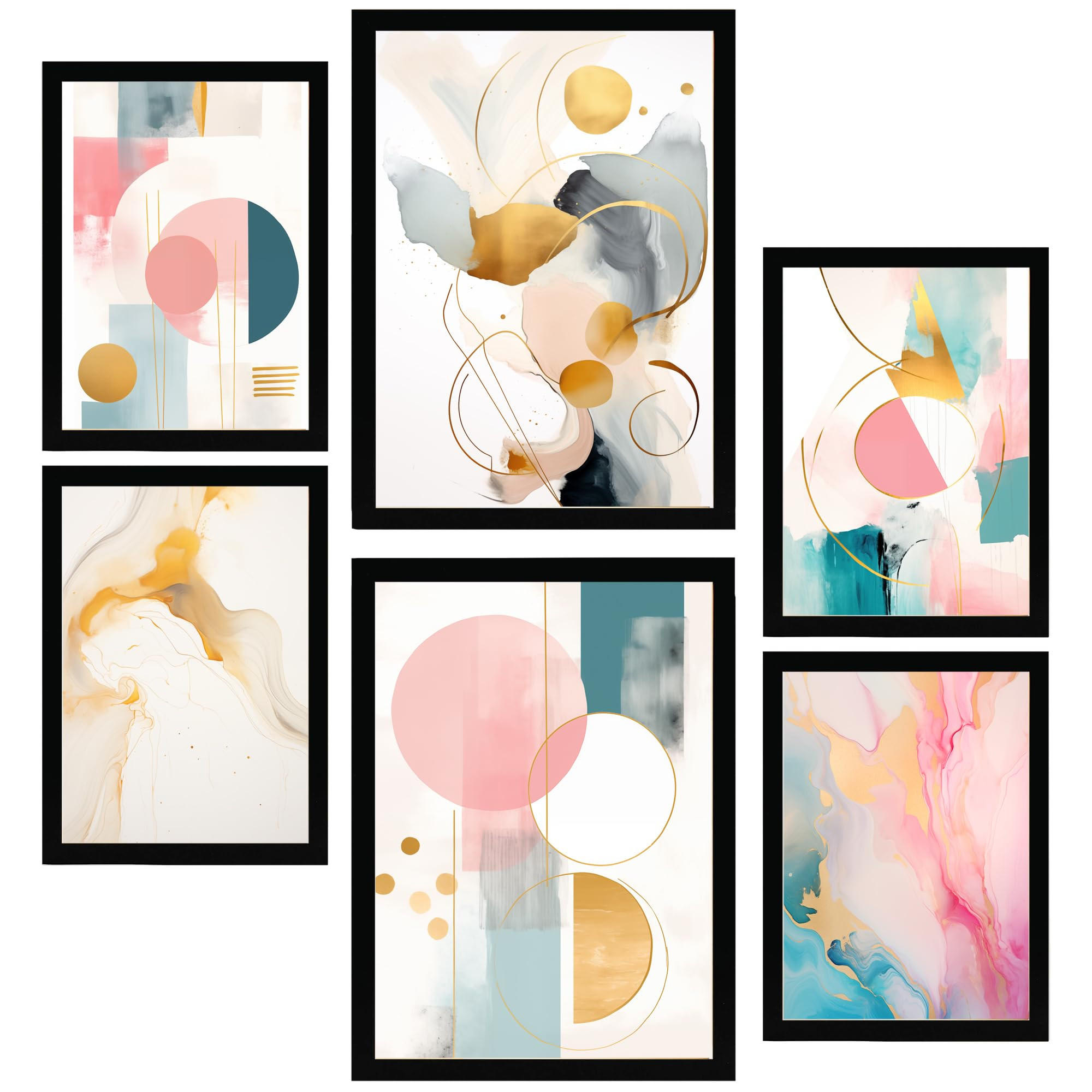 POSTER Set Mit 6 Grün Gold Fuchsia Lila Abstrakt A3 & A4 Schwarzer Rahmen - Schwarz, Papier (29/3/42cm) - Nacnic