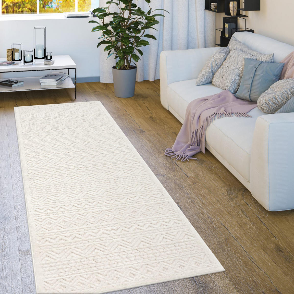 KURZFLORTEPPICH, mit Struktur, aus Polypropylen, Florhöhe 10 mm, Creme, 80 x 250 cm - Beige, Textil (80/250cm) - KADIMA DESIGN