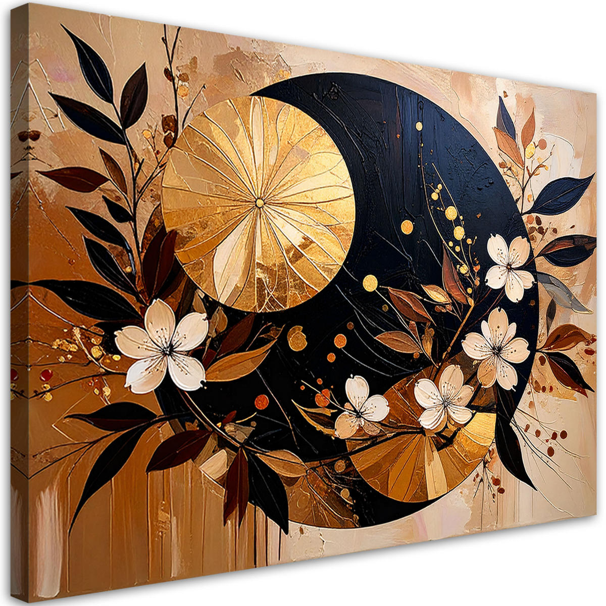 LEINWANDBILD Abstraktion Kreise Blätter Blumen Gold Braun 90x60cm - Beige, Textil (90/60cm) - Feeby