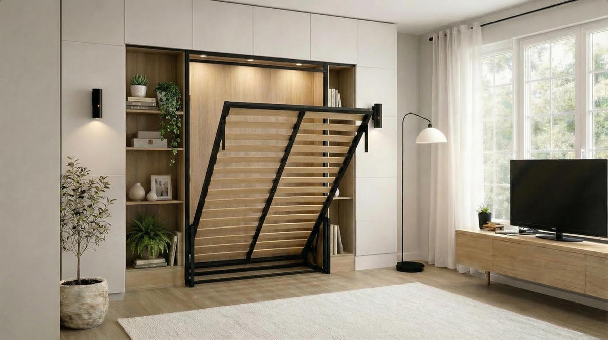 WANDBETT Morphy Classik Modulares SizeFlex- und TypeFlex-System - 120x190 Vertikal - Schwarz, Holz/Metall (120/190cm) - WallBedKing