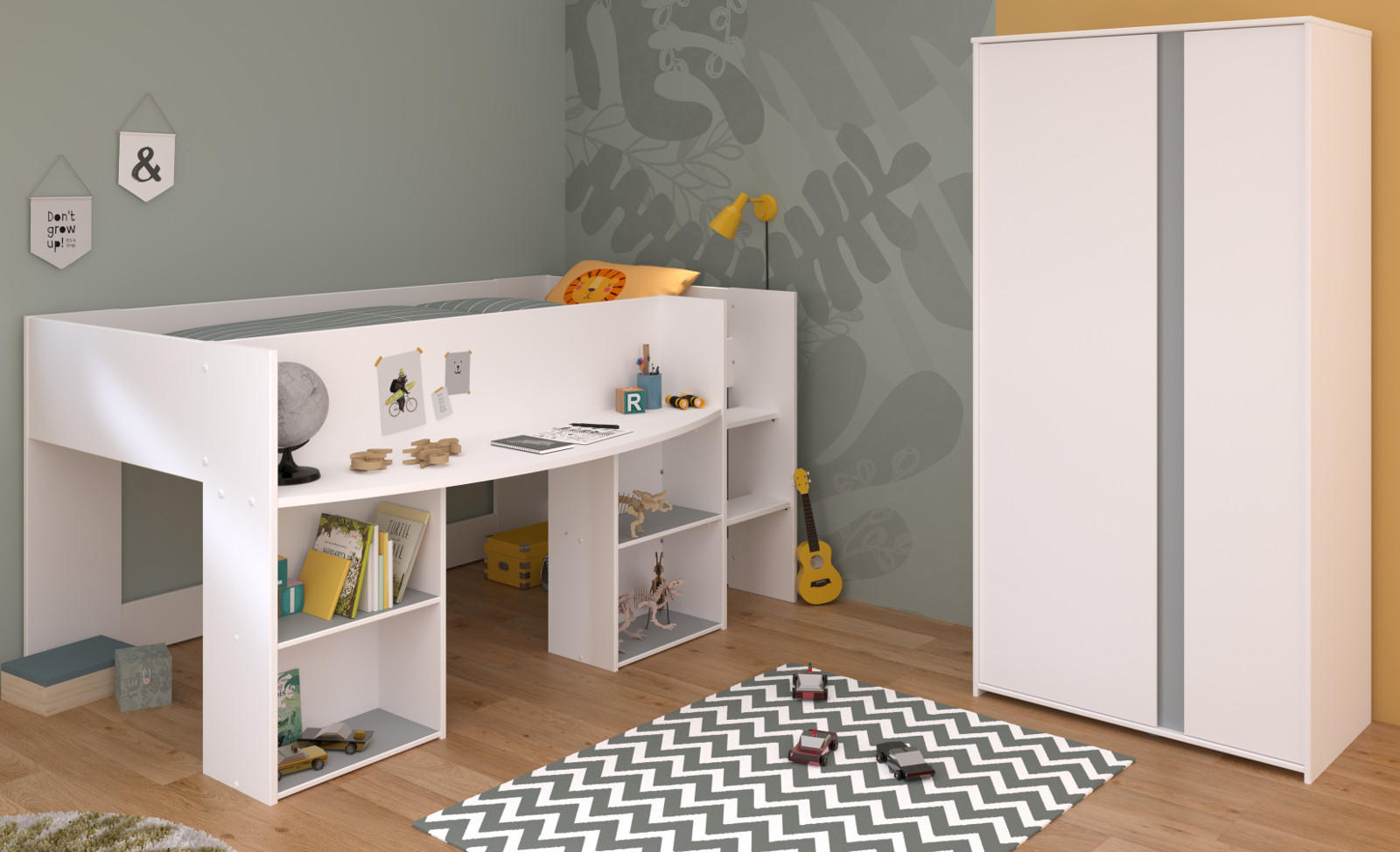 Parisot Meuble Kinderzimmer Weiß, Grau, Rosa 205x182x104 cm