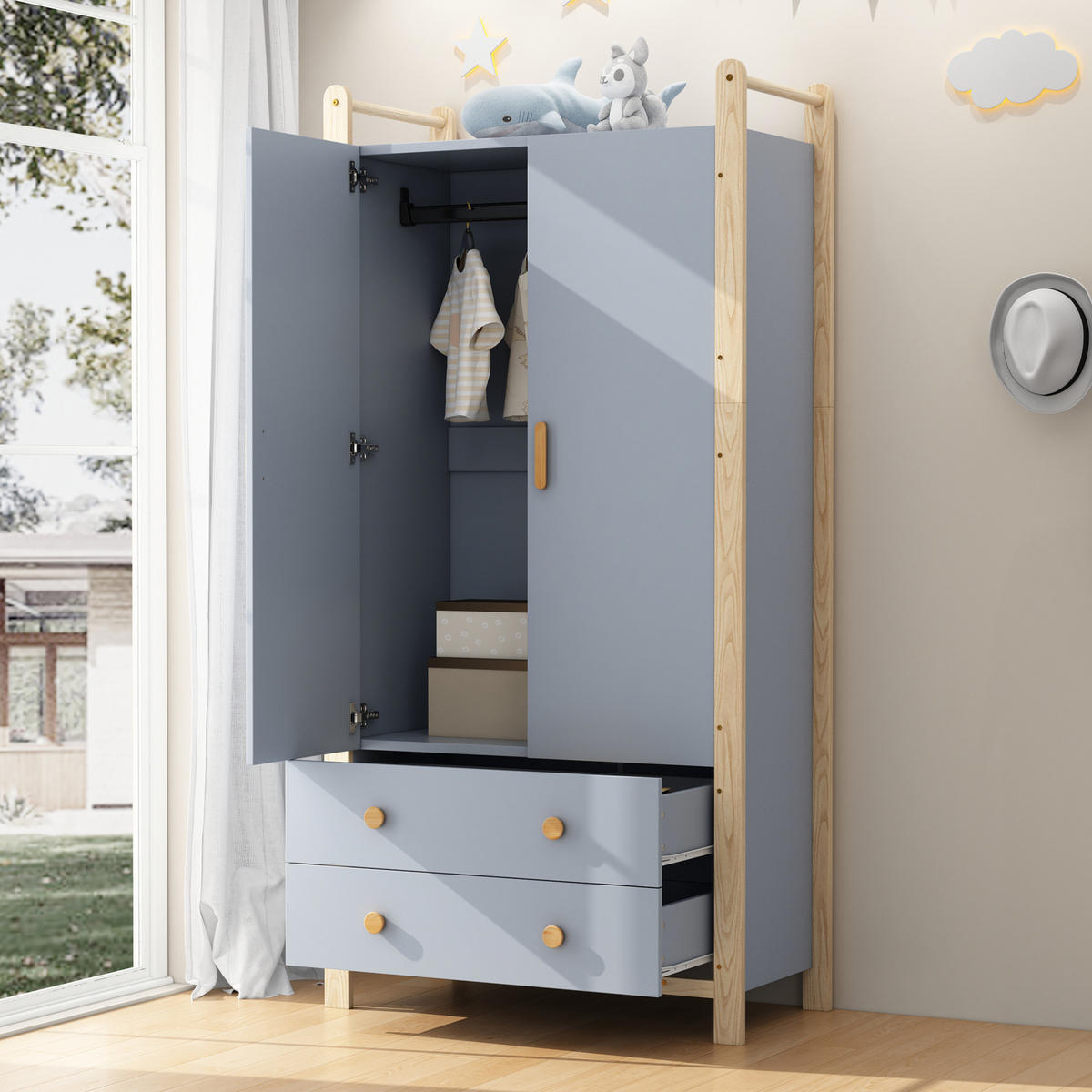KLEIDERSCHRANK 89,6/44/180,5 cm blau/khaki aus Holzwerkstoff und Kiefer mit Kleiderstange und 2 Schubladen - Blau, Holzwerkstoff (44/180.5/89.6cm) - OKWISH