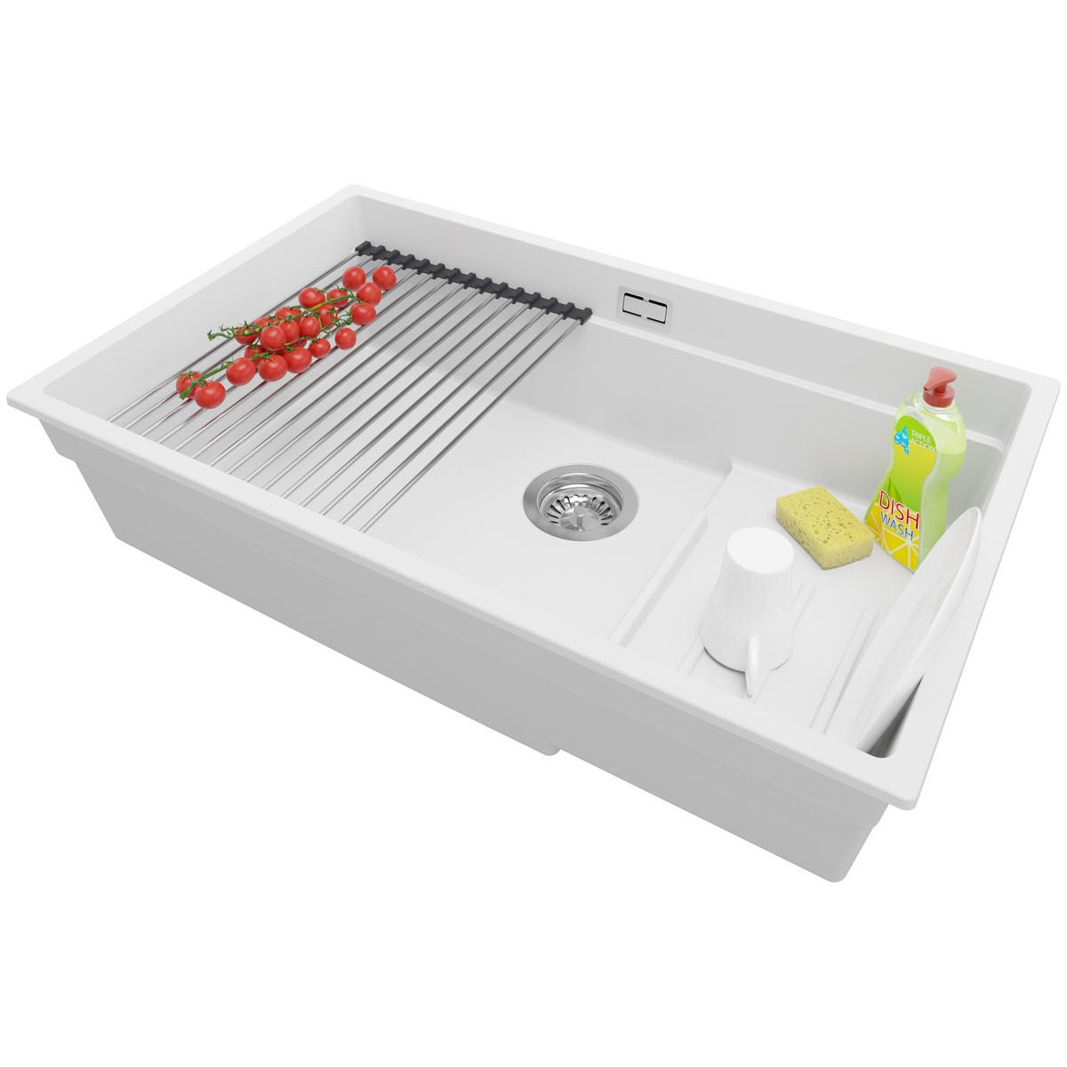 UNTERBAUSPÜLE GRANIT Praga, 2-er set Weiß 76/47 cm 1 Becken + Ablauf-Set + Aufrollbare Abtropffläche ab 80er Unterschrank - Chromfarben/Weiß, Kunststoff (76/20/47cm) - Primagran