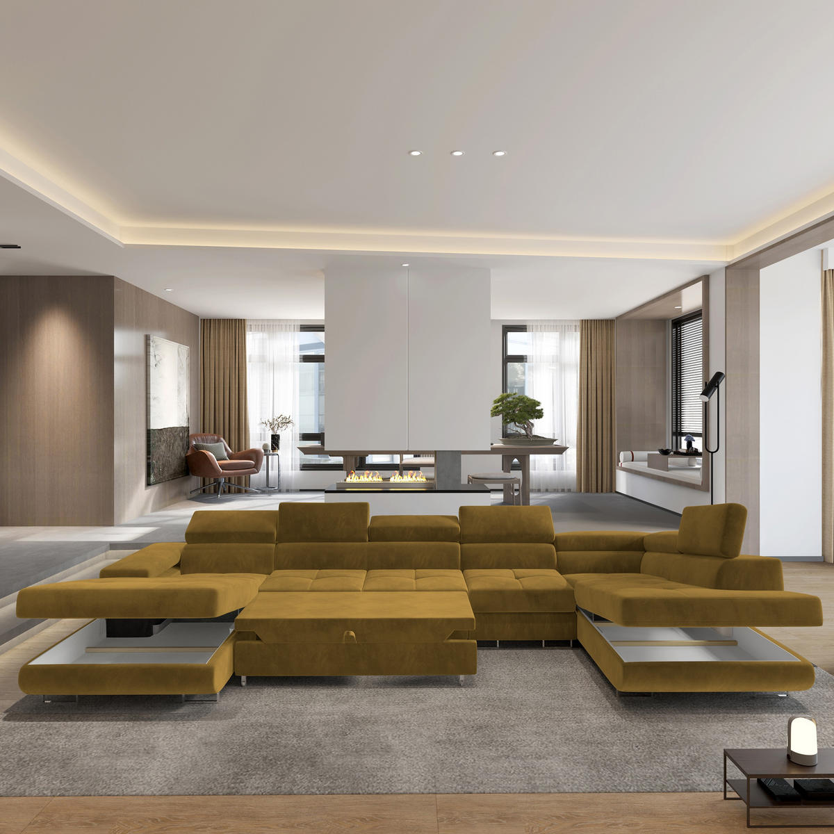 WOHNLANDSCHAFT VELORA R-S Gelb Velours-Stoff mit Schlaffunktion - Gelb, Holz (419/90/202cm) - MASSENO