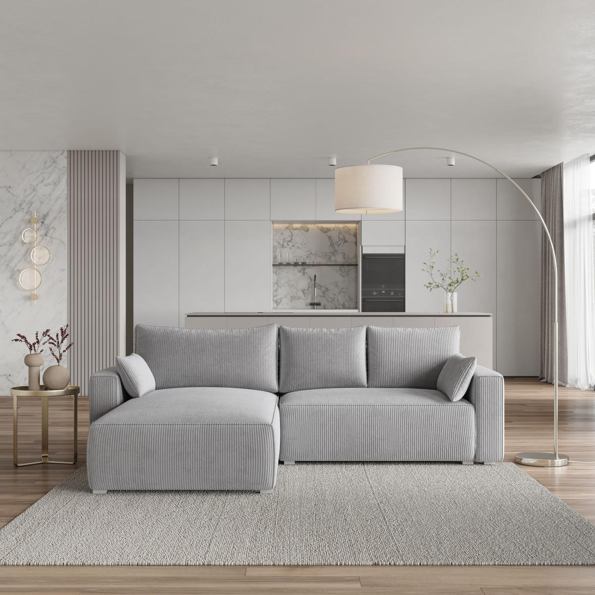 ECKSOFA FORIL P Hellgrau Kordstoff mit Schlaffunktion - Hellgrau, Holz (265/178cm) - MASSENO