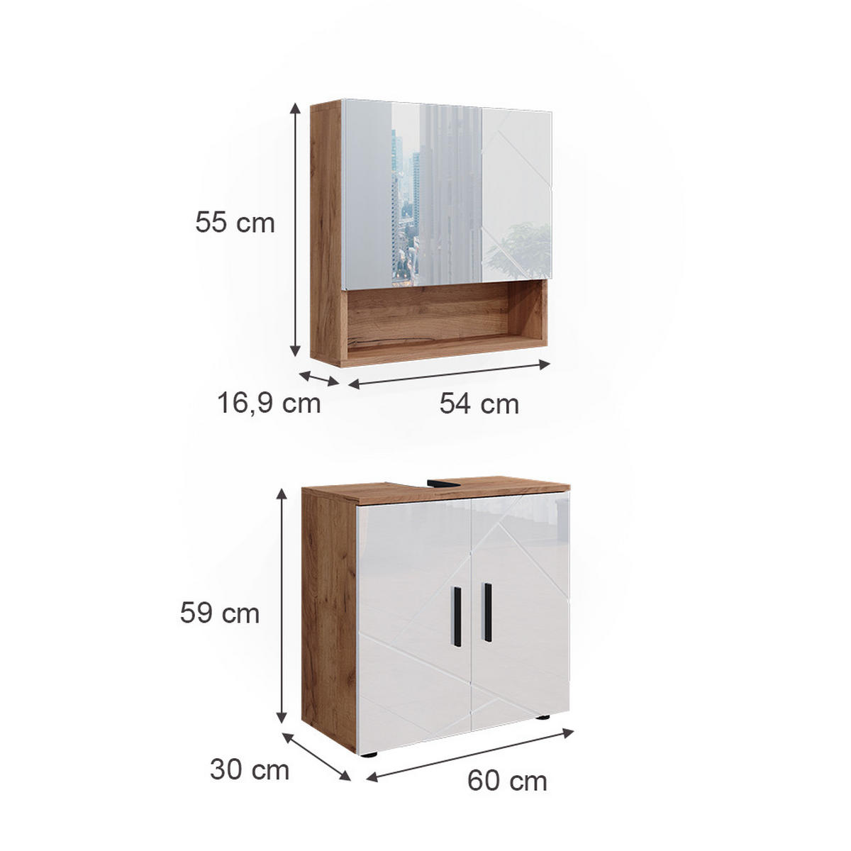 BADMÖBEL-SET Irma Weiß Hochglanz/Goldkraft Eiche 2 Teile Unterschrank 60 cm - Weiß Hochglanz/Eiche Wotan, Holzwerkstoff (80/58.6/41cm) - Vicco