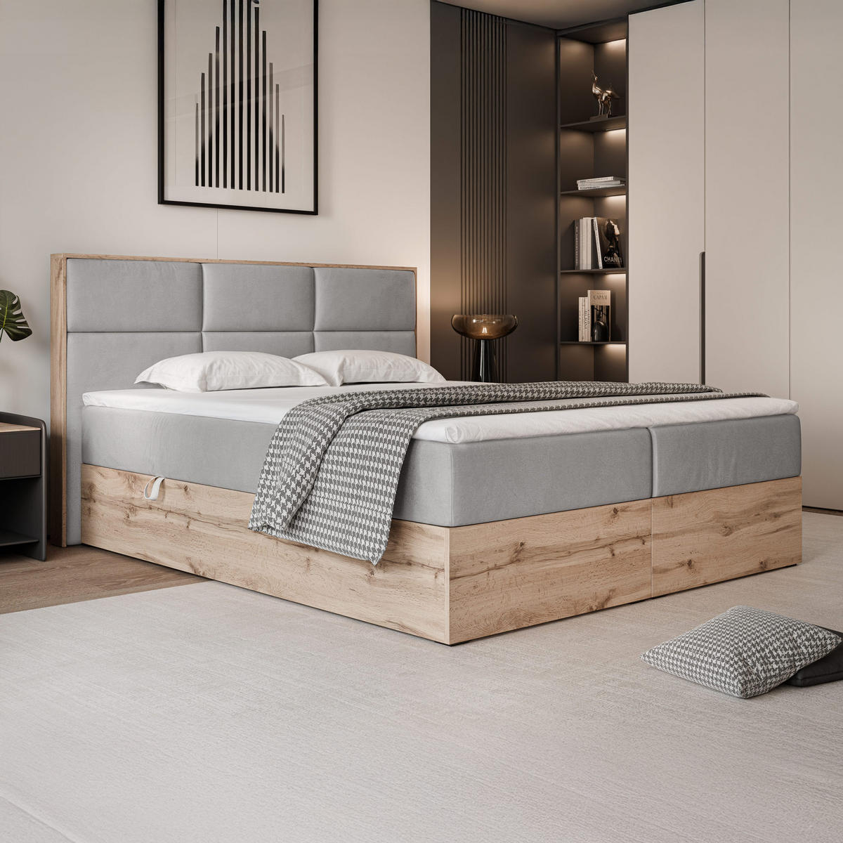 BOXBETT LAVIO 180/200 cm, in Grau, mit Matratze und Topper - Grau, Holzwerkstoff/Textil (180/200cm) - Idohome