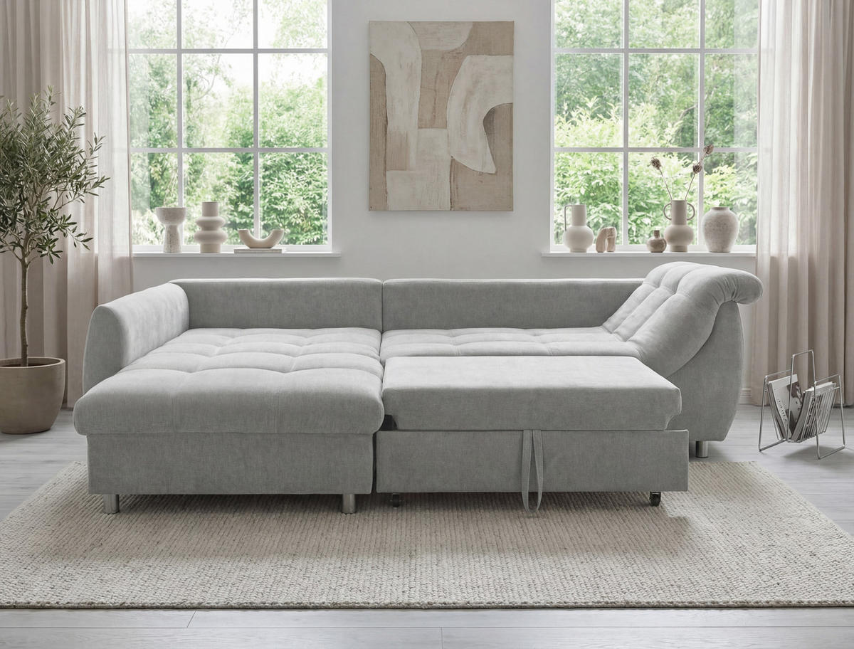 ECKSOFA mit Schlaffunktion, Wellenunterfederung, Ottomane links B250/T190/H84 cm, Liegefl. 179x190 cm, Mikrofaser Grau / 17004 - Chromfarben/Grau, Textil/Metall (250/190cm) - luma-home