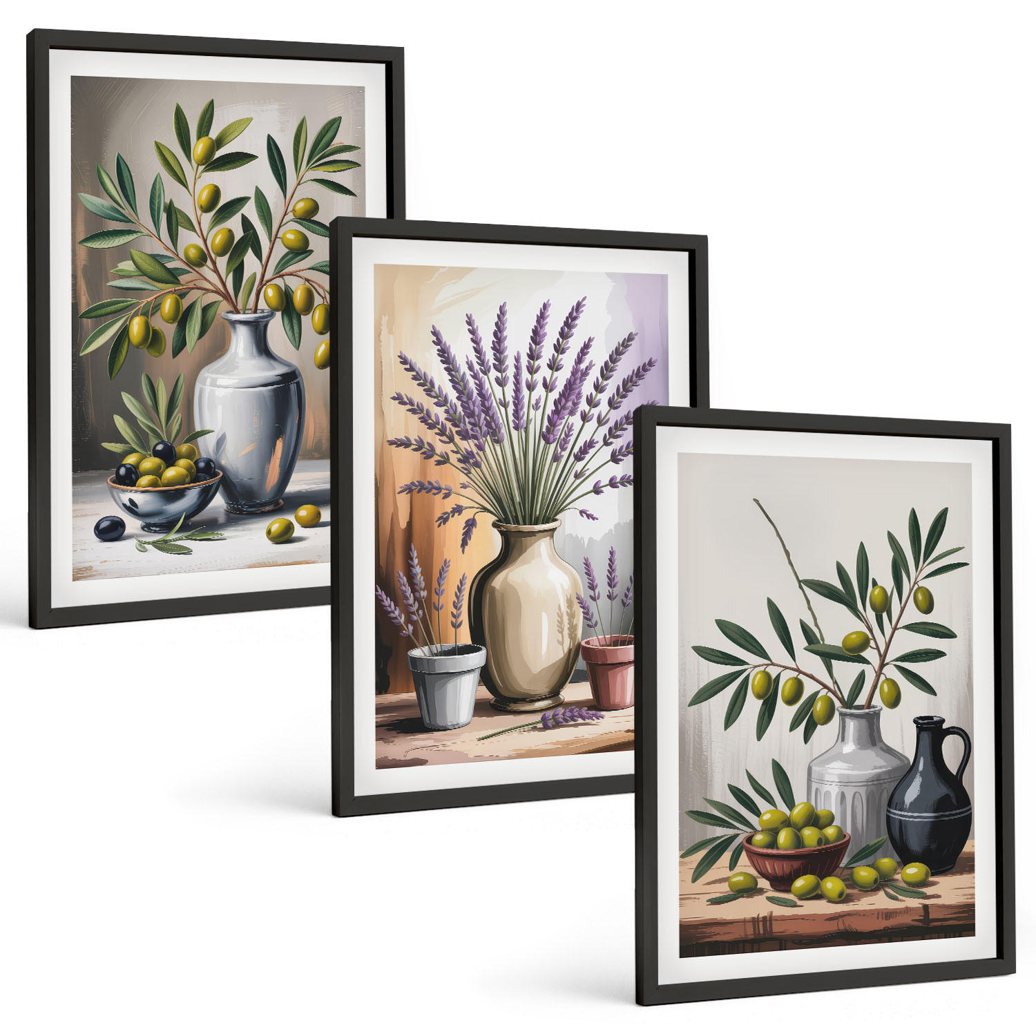 BILDER SET 3er Set - 40x60 cm Schwarzer Rahmen - Olivenblüten in Vasen im Hintergrund - Schwarz, Kunststoff (40/60cm) - TULUP