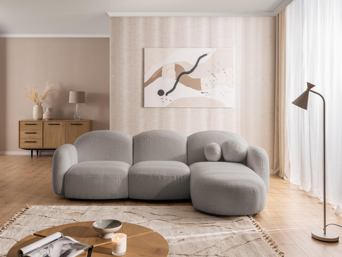 ECKSOFA Nuvola mit abgerundetem Design Hellgrau Bouclé-Stoff - Ottomane Rechts - Hellgrau/Schwarz, Holz/Kunststoff (268/146cm) - S-Style Möbel