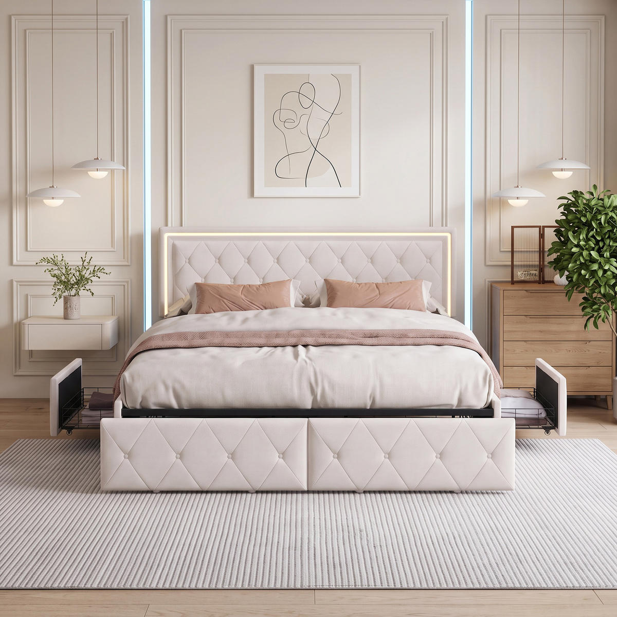 POLSTERBETT 140x200 mit RGB-LED, doppelbett mit 4 Schublade, Stauraum und Lattenrost, jugendbett 140x200 cm, PU, Ecru - Ecru, Leder/Holz (140/200cm) - GENKI LIVING